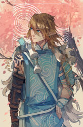 Rule 34 | 1boy, arm armor, blonde hair, blue eyes, blue shirt, cherry blossoms, closed mouth, commentary, cowboy shot, crimson-chains, earrings, english commentary, hand on own hip, highres, jewelry, link, long hair, looking to the side, nintendo, patterned clothing, pointy ears, shirt, shoulder tattoo, sleeveless, sleeveless shirt, tattoo, the legend of zelda, the legend of zelda: tears of the kingdom, tree