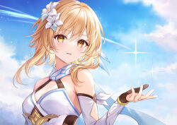 Rule 34 | 1girl, bare shoulders, black gloves, blonde hair, blue flower, blue sky, blush, breasts, cloud, cloudy sky, detached sleeves, dress, feather hair ornament, feathers, fingernails, flower, genshin impact, gloves, grey flower, hair between eyes, hair flower, hair ornament, hand up, higeneko, long sleeves, looking at viewer, lumine (genshin impact), medium breasts, multicolored flower, open mouth, outdoors, ribbon, short hair, short hair with long locks, sky, smile, solo, star (symbol), upper body, white dress, white ribbon, yellow eyes