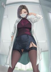 Rule 34 | 1girl, arm up, blue skirt, breasts, doorway, from below, garter straps, hair behind ear, hand in pocket, kesoshirou, lab coat, large breasts, mask, miniskirt, mouth mask, original, purple eyes, red sweater, short hair, skirt, solo, standing, surgical mask, sweater, thighhighs