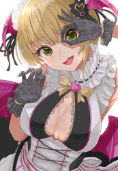 Rule 34 | 10s, 1girl, :d, arm up, armpits, bare shoulders, black gloves, black ribbon, blonde hair, blunt bangs, blush, bow, breasts, claw pose, cleavage, cleavage cutout, clothing cutout, commentary request, demon girl, demon wings, dress, gloves, green eyes, hair ornament, hair ribbon, hairpin, head tilt, head wings, heart, highres, idolmaster, idolmaster cinderella girls, kurokawa (kurokashi655), lace trim, large breasts, looking at viewer, miyamoto frederica, open mouth, pink wings, ribbon, ribbon trim, sash, short hair, sleeveless, sleeveless dress, smile, solo, striped, striped bow, upper body, white dress, wings