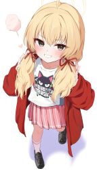 Rule 34 | 1girl, absurdres, ahoge, black footwear, blonde hair, blue archive, blush, brown eyes, clothes writing, collarbone, colored shadow, commentary request, cotton candy, english text, full body, grin, hair between eyes, hair ribbon, halo, hands up, heart, highres, jacket, loafers, long hair, long sleeves, looking at viewer, low twintails, open clothes, open jacket, pink skirt, pleated skirt, puffy long sleeves, puffy sleeves, racchi., red jacket, red ribbon, ribbon, shadow, shirt, shoes, simple background, skirt, sleeves past wrists, smile, socks, solo, standing, twintails, v-shaped eyebrows, white background, white shirt, white socks, yoshimi (band) (blue archive), yoshimi (blue archive)