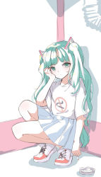 Rule 34 | 1girl, ashtray, bad id, bad pixiv id, blush, cigarette, closed mouth, commentary request, full body, green eyes, green hair, hand up, hatsune miku, highres, holding, holding cigarette, knee up, no smoking, pleated skirt, print shirt, red footwear, shirt, shoes, short sleeves, skirt, solo, squatting, two side up, vocaloid, white shirt, white skirt, yusake san