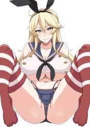 Rule 34 | 1girl, ass, bare shoulders, black panties, blonde hair, blush, breasts, cameltoe, cleavage, cosplay, covered erect nipples, grey eyes, hair between eyes, hair ribbon, iowa (kancolle), kantai collection, large breasts, long hair, looking at viewer, microskirt, midriff, navel, panties, revealing clothes, ribbon, school uniform, serafuku, shimakaze (kancolle), shimakaze (kancolle) (cosplay), simple background, skirt, smile, solo, spread legs, star-shaped pupils, star (symbol), striped clothes, striped thighhighs, symbol-shaped pupils, tawashi1623, thighhighs, thong, underboob, underwear, white background