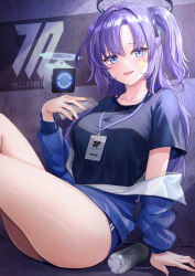 Rule 34 | 1girl, black buruma, black shirt, blue archive, blue buruma, blue eyes, blue jacket, blush, bottle, breasts, buruma, gym shirt, gym uniform, halo, highres, id card, jacket, jacket partially removed, looking at viewer, medium breasts, mitsukayurie, official alternate costume, parted bangs, plastic bottle, ponytail, purple hair, shirt, sitting, solo, star sticker, sticker on face, thighs, tongue, tongue out, yuuka (blue archive), yuuka (track) (blue archive)