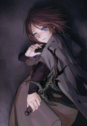 Rule 34 | 1girl, absurdres, brown hair, brown skirt, cape, commentary, cowboy shot, elden ring, english commentary, grey cape, grey eyes, hand up, highres, holding, holding knife, kirsen, knife, long sleeves, looking at viewer, melina (elden ring), parted lips, purple eyes, short hair, skirt, solo