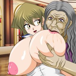 Rule 34 | 2girls, absurdres, age difference, blush, breast sucking, breasts, character request, cleavage, demon girl, dicasty, grey hair, hair between eyes, highres, huge breasts, looking at another, multiple girls, old, old woman, open mouth, patreon logo, patreon username, saliva, sideways glance, smile, tenjouin asuka, tongue, watermark, wrinkled skin, yu-gi-oh!, yu-gi-oh! duel links, yu-gi-oh! gx, yuri