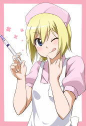 Rule 34 | 1girl, :p, ;q, blonde hair, blue eyes, blush, border, erica hartmann, hat, looking at viewer, nurse, nurse cap, one eye closed, pinky out, short hair, smile, solo, strike witches, syringe, tongue, tongue out, upper body, wink, world witches series, youkan