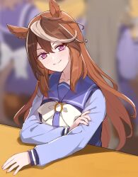 Rule 34 | 1girl, absurdres, animal ears, blurry, blurry background, blush, bow, bowtie, breasts, brown hair, closed mouth, head tilt, highres, horse ears, indoors, kusanagi kaoru, long hair, long sleeves, looking at viewer, multicolored hair, outstretched arm, purple eyes, purple shirt, sailor collar, school uniform, shirt, small breasts, smile, solo, streaked hair, symboli rudolf (umamusume), table, tracen school uniform, umamusume, upper body