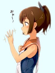 Rule 34 | 1girl, blue background, blue one-piece swimsuit, blush, brown eyes, brown hair, clenched hand, from side, hair ornament, hand on own chest, hand up, i-401 (kancolle), jewelry, kantai collection, looking at hand, one-piece swimsuit, open mouth, orange sailor collar, ponytail, ring, sailor collar, school swimsuit, sidelocks, simple background, solo, sparkle, suke (momijigari), swimsuit, swimsuit under clothes, tan, translation request, upper body, wedding band