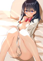 Rule 34 | 1girl, absurdres, ass, bare shoulders, black hair, black skirt, blue eyes, blush, bow, bowtie, breasts, cardigan, clothes pull, collarbone, covering privates, covering crotch, dress shirt, gridman universe, highres, knees up, legs, long hair, long sleeves, looking at viewer, medium breasts, open cardigan, open clothes, open shirt, pleated skirt, red bow, red socks, school uniform, shirt, shunichi, sitting, skirt, socks, solo, ssss.gridman, sweater, sweater pull, takarada rikka, thighs, white sweater
