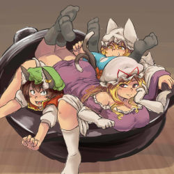 Rule 34 | 3girls, :&gt;, animal ears, bare shoulders, black socks, blonde hair, breasts, brown background, brown hair, cat ears, cat tail, chanta (ayatakaoisii), chen, cleavage, closed mouth, dress, earrings, feet, fox ears, gloves, hand on own cheek, hand on own face, hat, head rest, in container, jewelry, kneehighs, large breasts, legs up, long hair, looking at viewer, lying, mob cap, multiple girls, multiple tails, neko nabe, on back, on person, on stomach, open mouth, outstretched arms, red eyes, short hair, short sleeves, sketch, socks, soles, sweatdrop, swept bangs, tail, teeth, the pose, touhou, white gloves, white hat, white legwear, yakumo ran, yakumo yukari, yellow eyes
