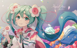 Rule 34 | 1girl, aqua eyes, aqua hair, aqua neckwear, blush, braid, closed mouth, clothing request, commentary, detached sleeves, eyebrows hidden by hair, floral background, flower, gradient background, gradient hair, grey background, hair between eyes, hair flower, hair ornament, hatsune miku, holding, long hair, long sleeves, looking at viewer, magical mirai miku, magical mirai miku (2021), multicolored hair, ribbon, sazanami (ripple1996), smile, solo, twintails, upper body, very long hair, vocaloid, wide sleeves