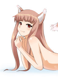 Rule 34 | 00s, 1girl, animal ears, brown hair, fang, female focus, highres, holo, long hair, red eyes, solo, spice and wolf, tail, topless frame, trackball (artist), wolf ears, wolf tail