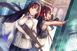 Rule 34 | 2girls, assault rifle, black hair, black legwear, blush, breasts, brown eyes, bullpup, buttons, cape, cityscape, cleavage, closed mouth, commentary request, corset, double-breasted, flower, girls&#039; frontline, gloves, gun, hair between eyes, hair flower, hair ornament, hair ribbon, hairband, highres, holding, holding gun, holding weapon, large breasts, long hair, looking away, mappaninatta, multiple girls, necktie, outdoors, pantyhose, pleated skirt, pointing, qbz-95, qbz-97, ribbon, rifle, shirt, sidelocks, signature, skirt, sleeveless, sleeveless shirt, smile, thighhighs, trigger discipline, twintails, twitter username, type 95 (girls&#039; frontline), type 97 (girls&#039; frontline), underbust, very long hair, weapon, white gloves, white hairband, white legwear, white shirt, white skirt, yellow eyes