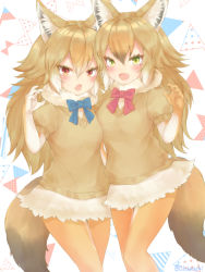 Rule 34 | 10s, 2girls, african golden wolf (kemono friends), animal ears, artist name, bad id, bad pixiv id, blush, bow, bowtie, fang, fur trim, gloves, golden jackal (kemono friends), green eyes, jackal ears, jackal tail, kemono friends, long hair, multicolored hair, multiple girls, o hamachi, open mouth, orange hair, red eyes, short-sleeved sweater, short sleeves, simple background, sweater, tail, two-tone hair, white background, white hair, wolf ears, wolf tail