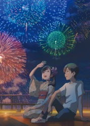Rule 34 | 10s, 1boy, 1girl, aerial fireworks, amano hina (tenki no ko), arm up, black hair, blue eyes, blue pants, brown eyes, casual, collarbone, denim, eyelashes, fence, fireworks, full body, hair between eyes, hair ornament, hairband, highres, japanese clothes, jeans, jewelry, kimono, knee up, landscape, lips, long hair, long sleeves, looking at another, looking to the side, mat, morishima hodaka, necklace, night, night sky, official art, open mouth, own hands clasped, own hands together, pants, ponytail, pouch, railing, rooftop, scenery, seiza, shade, shinkai makoto, shirt, shoes, short hair, short sleeves, sitting, sky, smile, sneakers, stomach, t-shirt, tanaka masayoshi, tenki no ko, tongue, white shirt, yukata
