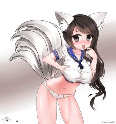 Rule 34 | 10s, 1girl, animal ear fluff, animal ears, bad id, bad pixiv id, bent over, black eyes, blade &amp; soul, blush, breast hold, breasts, brown hair, crop top, covered erect nipples, female focus, highres, large breasts, looking at viewer, midriff, open mouth, panties, school uniform, serafuku, solo, tail, tandozzing, tongue, tongue out, underwear