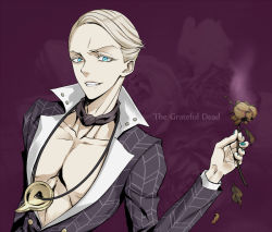 Rule 34 | 1boy, blonde hair, blue eyes, chocolate lover, dead plants, flower, formal, jewelry, jojo no kimyou na bouken, magatama, magatama necklace, male focus, necklace, prosciutto, solo, suit