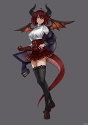 Rule 34 | 1girl, 8ont4, absurdres, ahoge, black thighhighs, dragon tail, dragon wings, granblue fantasy, grea (shingeki no bahamut), grey background, hair between eyes, hand on own hip, highres, horns, jacket, jacket on shoulders, loafers, manaria friends, off shoulder, plaid, plaid skirt, red eyes, red hair, shingeki no bahamut, shoes, short hair, skirt, solo, tail, thighhighs, thighs, wings, zettai ryouiki