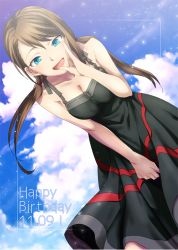 Rule 34 | 1girl, :d, bent over, black dress, blue eyes, blue sky, breasts, brown hair, cleavage, cloud, dated, day, dress, floating hair, from below, hair between eyes, happy birthday, ikuhashi muiko, long dress, long hair, looking at viewer, medium breasts, open mouth, robotics;notes, sky, sleeveless, sleeveless dress, smile, solo, sundress, tennouji nae, twintails