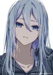 Rule 34 | 1girl, akira20211014, black hoodie, blue eyes, blue hair, collarbone, commentary, dated, double-parted bangs, grey jacket, hair between eyes, highres, hood, hoodie, jacket, light blue hair, long hair, looking at viewer, parted lips, portrait, project sekai, simple background, solo, track jacket, twitter username, white background, yoisaki kanade
