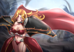 Rule 34 | 1girl, arm under breasts, armor, bikini armor, blonde hair, blue eyes, blush, boobplate, breastplate, breasts, cape, cleavage, cowboy shot, facial mark, imelda (langrisser), langrisser, large breasts, long hair, looking at viewer, mole, mole under mouth, pauldrons, rinku bny, shoulder armor, solo, standing, thighs