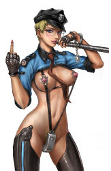 Rule 34 | 1girl, adapted uniform, bad id, bad pixiv id, blonde hair, blue eyes, breasts, condom, earrings, female pubic hair, fingerless gloves, functionally nude, glasses, gloves, hat, jewelry, middle finger, necktie, neongun, nippleless clothes, nipples, original, peaked cap, police, police uniform, policewoman, pubic hair, short hair, slingshot swimsuit, solo, swimsuit, thighhighs, baton (weapon), uniform, whistle