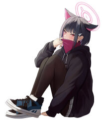 Rule 34 | 1girl, absurdres, animal ears, arm at side, black hair, black hoodie, black pantyhose, blue archive, blue footwear, blunt bangs, blush, cat ears, colored inner hair, commentary, covered mouth, extra ears, eyelashes, from side, full body, hair ornament, hairclip, halo, hand up, hashtag only commentary, highres, hood, hood down, hoodie, kazusa (blue archive), knees up, looking at viewer, miniskirt, multicolored hair, pantyhose, pink hair, pink halo, pleated skirt, red eyes, shoes, short hair, sidelocks, simple background, sitting, skirt, sleeves past wrists, slit pupils, sneakers, solo, themaree, tsurime, white background, white skirt