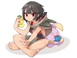 Rule 34 | 1girl, :t, absurdres, barefoot, belt, berry (pokemon), black hair, black shirt, breasts, cloak, closed mouth, commentary, creatures (company), eating, full body, game freak, gen 3 pokemon, grey shorts, hand up, highres, holding, looking at viewer, nintendo, oran berry, pokemon, pokemon (creature), pokemon oras, red belt, red eyes, rope belt, shirt, short shorts, shorts, sitrus berry, sitting, suiran (suiran2822), toes, whismur, zinnia (pokemon)