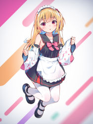 Rule 34 | 1girl, apron, black dress, black footwear, blonde hair, blunt bangs, bow, bowtie, breasts, coffeiz p, collarbone, collared dress, colored inner hair, detached sleeves, dress, floral print, frilled apron, frills, highres, jumping, light blush, long hair, looking at viewer, maid, maid headdress, multicolored hair, one side up, open mouth, original, pink bow, red eyes, short dress, side ponytail, sideboob, sidelocks, sleeveless, sleeveless dress, sleeves past wrists, small breasts, solo, thighhighs, two-tone hair, waist apron, white background, white thighhighs, wide sleeves
