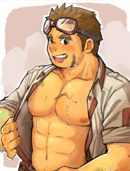 Rule 34 | 1boy, :p, abs, bara, bare pectorals, blush, dirty, dirty face, goggles, goggles on head, korosuke (kr0sk), kajiya kurogane, large pectorals, long sideburns, male focus, muscular, muscular male, nipples, open jumpsuit, pectorals, short hair, sideburns, smile, solo, stomach, sweat, thick eyebrows, tokyo houkago summoners, tongue, tongue out, undressing