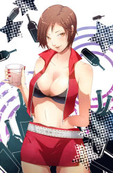 Rule 34 | 1girl, arm behind back, bad id, bad pixiv id, belt, bottle, breasts, brown eyes, brown hair, cleavage, female focus, fingernails, glass, large breasts, meiko (vocaloid), midriff, miniskirt, nail, navel, nikon, short hair, skirt, solo, star (symbol), vest, vocaloid