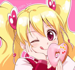 Rule 34 | 1girl, ;q, blonde hair, choker, cure peach, doughnut, earrings, food, fresh precure!, hair ornament, hand on own cheek, hand on own face, heart, heart-shaped food, heart earrings, heart hair ornament, jewelry, kotobuki oto, long hair, momozono love, one eye closed, pink choker, pink eyes, precure, smile, solo, tongue, tongue out, twintails, twintails day
