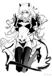 1girl bat_(animal) bikini bikini_ribbon breasts chinese_commentary collared_shirt commentary_request cross cross_earrings cross_print demon_horns dot_nose earrings expressionless eyelashes full_body gloves greyscale high_heels horns jewelry large_breasts legs_up long_hair looking_ahead monochrome navel open_clothes open_shirt original parted_lips pubic_tattoo ribs seika_(osbuzr) shirt sidelocks simple_background solo stomach swimsuit tattoo thighhighs very_long_hair weibo_watermark white_background