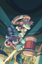Rule 34 | 1boy, 1girl, absurdres, amy rose, artist name, digimin, flying, furry, furry female, furry male, gloves, hammer, highres, holding, holding hammer, holding hands, holding weapon, open mouth, shoes, sonic (series), sonic the hedgehog (idw), tails (sonic), watermark, weapon, white gloves