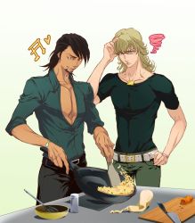 Rule 34 | 10s, 2boys, barnaby brooks jr., blonde hair, brown eyes, brown hair, carrot, cooking, cutting board, facial hair, food, fried rice, frying pan, glasses, gradient background, green eyes, jewelry, kaburagi t. kotetsu, knife, male focus, mayonnaise, mocu00, multiple boys, musical note, necklace, shirt, short hair, spoon, stubble, t-shirt, thinking, tiger &amp; bunny, white background