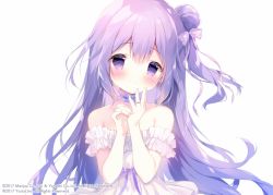 Rule 34 | 1girl, azur lane, bare shoulders, blush, bow, closed mouth, commentary request, copyright notice, dress, hair bow, hair bun, jewelry, long hair, looking at viewer, off-shoulder dress, off shoulder, official art, one side up, purple bow, purple eyes, purple hair, ring, shiratama (shiratamaco), side bun, simple background, single hair bun, single side bun, smile, solo, striped, striped bow, unicorn (azur lane), upper body, very long hair, wedding band, white background, white dress