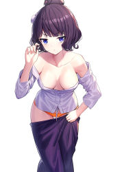 Rule 34 | 1girl, black hair, black skirt, blue eyes, blush, breasts, closed mouth, clothes pull, collarbone, commentary request, downblouse, fate/grand order, fate (series), hair bun, hand up, highres, katsushika hokusai (fate), leaning forward, long sleeves, looking at viewer, medium breasts, off shoulder, orange panties, panties, ririko (zhuoyandesailaer), shirt, short hair, simple background, single hair bun, skirt, skirt pull, solo, underwear, v-shaped eyebrows, white background, white shirt