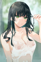 Rule 34 | 1girl, bare arms, bare shoulders, bekotarou, black hair, blurry, breasts, camisole, cleavage, collarbone, depth of field, green eyes, hand up, highres, long hair, medium breasts, nipples, no bra, original, puckered lips, see-through, shirt, sleeveless, sleeveless shirt, solo, spaghetti strap, upper body, wet, wet clothes, wet shirt, white shirt