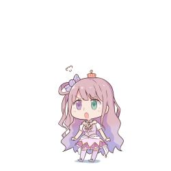Rule 34 | 1girl, puff of air, asymmetrical legwear, candy hair ornament, chibi, commentary request, crown, dress, food-themed hair ornament, full body, green eyes, hair ornament, heterochromia, himemori luna, himemori luna (1st costume), hololive, long hair, mini crown, mismatched legwear, one side up, open mouth, pink dress, pink eyes, pink hair, puffy short sleeves, puffy sleeves, purin a la mode (popup), short sleeves, solo, virtual youtuber