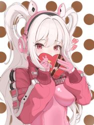 Rule 34 | 1girl, alice (nikke), animal ear headphones, animal ears, blush, bodysuit, breasts, candy, chocolate, chocolate heart, cropped jacket, fake animal ears, food, gloves, goddess of victory: nikke, happy valentine, headphones, headset, heart, highres, holding, holding chocolate, holding food, impossible bodysuit, impossible clothes, jacket, kaboten, latex, latex bodysuit, long hair, looking at viewer, medium breasts, multicolored clothes, multicolored gloves, pink bodysuit, pink eyes, pink gloves, pink headphones, red jacket, shrug (clothing), skin tight, solo, twintails, two-tone gloves, upper body, valentine