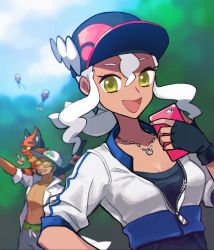 Rule 34 | 1boy, 1girl, baseball cap, blurry, blurry background, breasts, burnet (pokemon), cleavage, coat, cosplay, creatures (company), cutiefly, dark-skinned female, dark-skinned male, dark skin, day, drifloon, female protagonist (pokemon go), female protagonist (pokemon go) (cosplay), fingerless gloves, flying, game freak, gen 4 pokemon, gen 7 pokemon, gloves, green eyes, hat, highres, husband and wife, jewelry, kukui (pokemon), lab coat, looking at viewer, mayuzumi, necklace, nintendo, on shoulder, open clothes, open coat, open mouth, pokemon, pokemon (creature), pokemon go, pokemon on shoulder, pokemon sm, sky, smile, sunglasses, torracat, tree, white hair