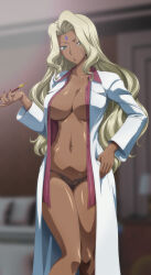 Rule 34 | 1girl, black panties, blonde hair, blurry, blurry background, breasts, code geass, collarbone, commentary request, dark-skinned female, dark skin, fingernails, green eyes, highres, holding, holding smoking pipe, indian, kaname aomame, kiseru, lab coat, large breasts, lips, long hair, long sleeves, looking at viewer, nail polish, navel, open clothes, open shirt, panties, rakshata chawla, red nails, red shirt, shirt, smoking pipe, solo, standing, underwear