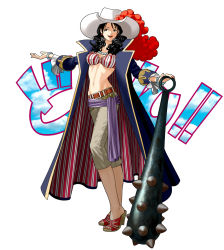 Rule 34 | 1girl, alvida (one piece), belt, bikini, bikini top only, black hair, bra, bracelet, breasts, cape, capri pants, club, club (weapon), coat, collarbone, curly hair, earrings, full body, grey eyes, hat, high heels, jewelry, kanabou, lipstick, long coat, long hair, long sleeves, makeup, midriff, nail polish, navel, necklace, one piece, open clothes, open coat, outstretched arm, pants, red lips, red nails, sandals, sash, simple background, smile, solo, spiked club, standing, striped bra, striped clothes, suyu38, swimsuit, toes, underwear, vertical stripes, weapon, white background