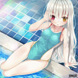 Rule 34 | 1girl, arm support, collarbone, commentary request, competition swimsuit, cowboy shot, dairoku ryouhei, heterochromia, latale selen, long hair, looking at viewer, one-piece swimsuit, poolside, red eyes, silver hair, sitting, solo, swimsuit, thigh gap, water, yellow eyes, yokozuwari