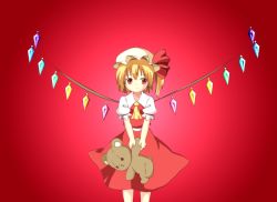 Rule 34 | 1girl, ascot, blonde hair, breasts, closed mouth, collared shirt, commentary request, cowboy shot, cycloneyukari, doll, eyes visible through hair, flandre scarlet, frilled sleeves, frills, frown, gem, gradient background, hat, hat ribbon, holding, holding doll, looking at viewer, mob cap, one side up, puffy short sleeves, puffy sleeves, red background, red eyes, red ribbon, red skirt, ribbon, shirt, short hair, short sleeves, skirt, small breasts, solo, standing, stuffed animal, stuffed toy, teddy bear, touhou, white hat, white shirt, wings, yellow ascot