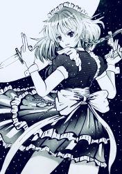 Rule 34 | 1girl, back bow, bow, braid, commentary request, cowboy shot, dress, frilled dress, frills, full moon, greyscale, hair bow, highres, holding, holding knife, izayoi sakuya, knife, looking back, maid, maid headdress, monochrome, moon, parted lips, pocket watch, puffy short sleeves, puffy sleeves, short hair, short sleeves, touhou, twin braids, v-shaped eyebrows, watch, wrist cuffs, yuna (nyxg7328)