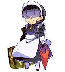 Rule 34 | 1girl, apron, black dress, black footwear, black hair, black lagoon, blunt bangs, braid, chibi, commentary, cross, cross necklace, dress, full body, glasses, gloves, holding, holding suitcase, holding umbrella, jewelry, long hair, long sleeves, maid, maid headdress, mota, necklace, pantyhose, red umbrella, roberta (black lagoon), round eyewear, shoes, simple background, solo, suitcase, symbol-only commentary, twin braids, umbrella, white apron, white background, white gloves, white pantyhose