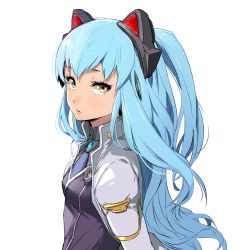 Rule 34 | 1girl, absurdres, animal ears, blue hair, breasts, cat ears, closed mouth, cropped jacket, eiyuu densetsu, enami katsumi, fake animal ears, falcom, from side, highres, lips, long hair, looking at viewer, one side up, simple background, small breasts, solo, tio plato, turtleneck, upper body, white background, yellow eyes, zero no kiseki