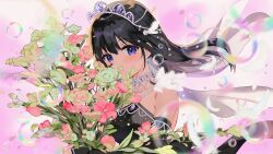Rule 34 | 1girl, bare shoulders, black dress, black hair, blue eyes, blush, bouquet, bubble, choker, dress, falling feathers, feathers, flower, highres, holding, holding bouquet, idoly pride, nagase mana, rose, solo, tiara